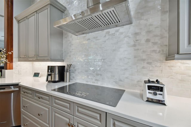 kitchen featuring wall chimney exhaust hood, tasteful backsplash, gray cabinets, dishwasher, and black electric stovetop