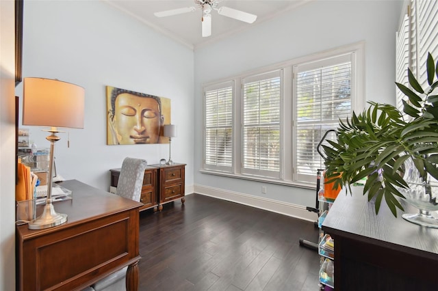 home office with ornamental molding, dark hardwood / wood-style floors, and ceiling fan