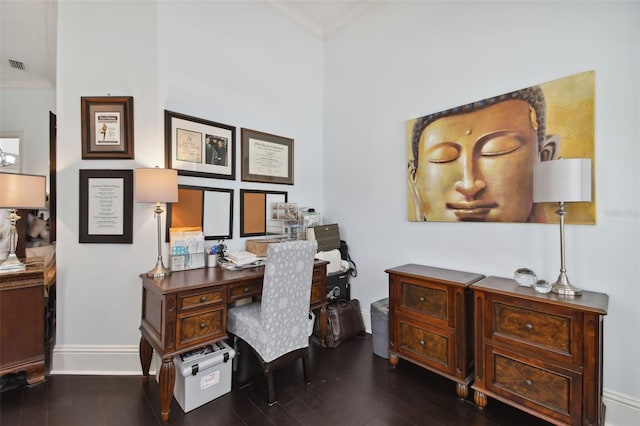 office area featuring crown molding and dark hardwood / wood-style flooring