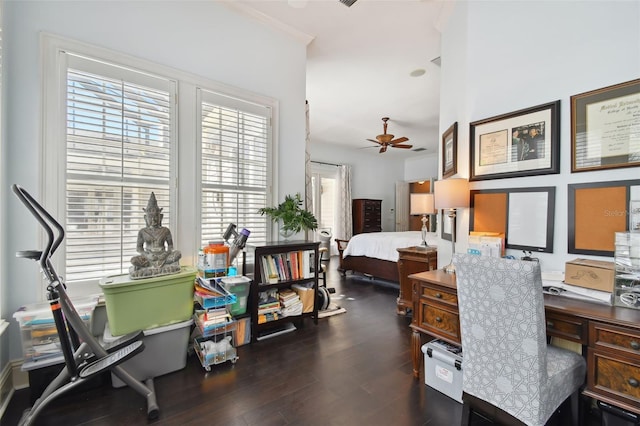 bedroom with ornamental molding and dark hardwood / wood-style flooring