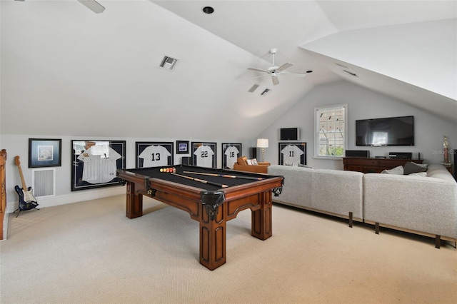 recreation room featuring ceiling fan, billiards, lofted ceiling, and light carpet