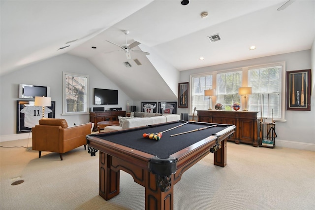 rec room with vaulted ceiling, light colored carpet, ceiling fan, and pool table