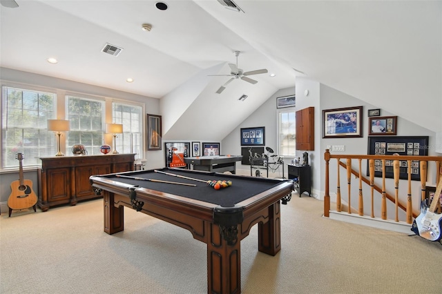 recreation room with vaulted ceiling, light carpet, and billiards