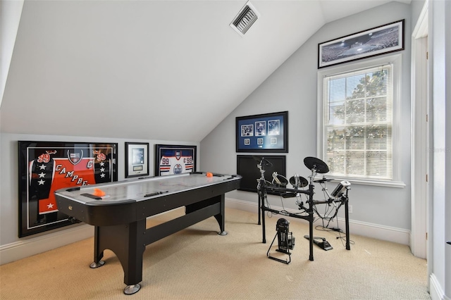 game room with lofted ceiling and carpet floors