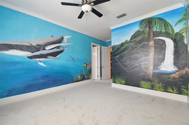 interior space featuring ceiling fan, ornamental molding, and carpet