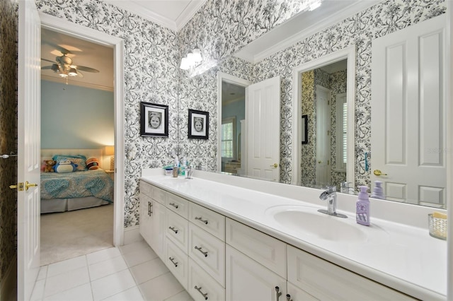 bathroom featuring crown molding, tile patterned floors, vanity, and ceiling fan