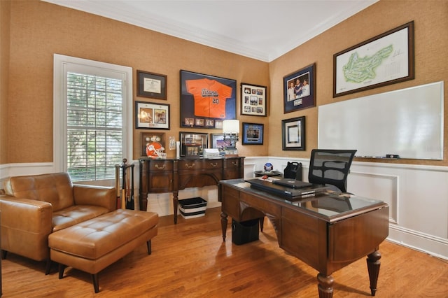 office space with hardwood / wood-style flooring and ornamental molding