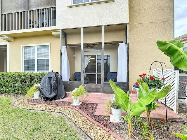 doorway to property with stucco siding