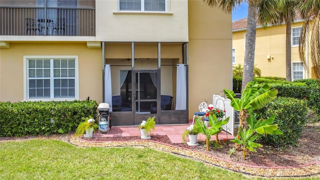 entrance to property with stucco siding and a yard