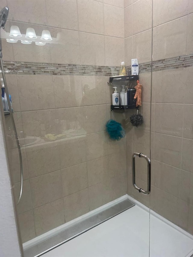 bathroom featuring a shower with shower door