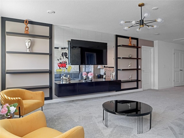 carpeted living room featuring a textured ceiling