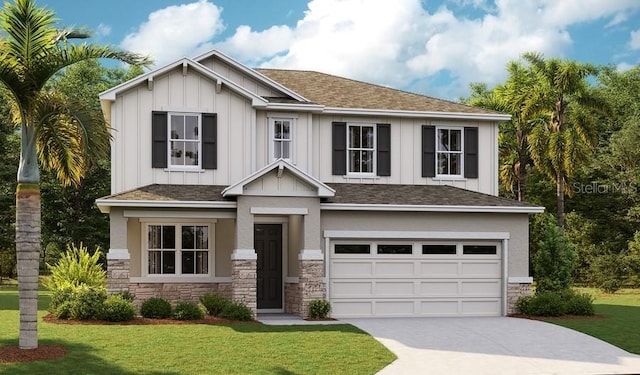 craftsman-style home with a garage and a front lawn