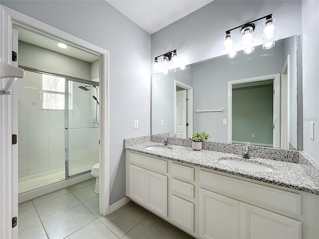 bathroom featuring a stall shower, tile patterned flooring, a sink, and toilet