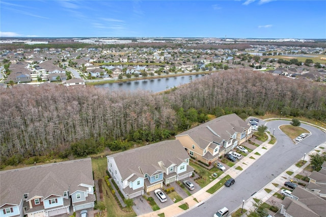 aerial view featuring a water view and a residential view