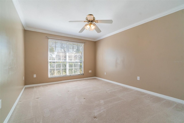 empty room featuring ceiling fan, ornamental molding, and light carpet