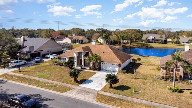 birds eye view of property featuring a water view