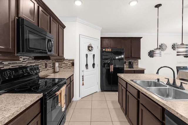 kitchen with sink, crown molding, tasteful backsplash, decorative light fixtures, and black appliances