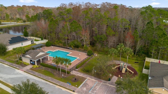 drone / aerial view with a water view