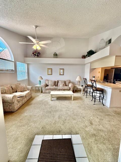 living room featuring ceiling fan, carpet floors, and a textured ceiling