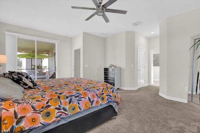 carpeted bedroom featuring access to outside and ceiling fan