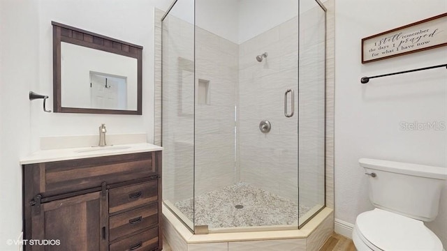 bathroom featuring vanity, toilet, and walk in shower