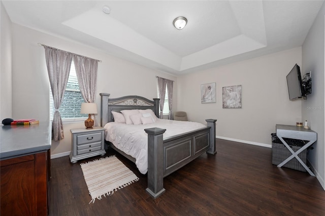 bedroom featuring a tray ceiling and dark wood-type flooring