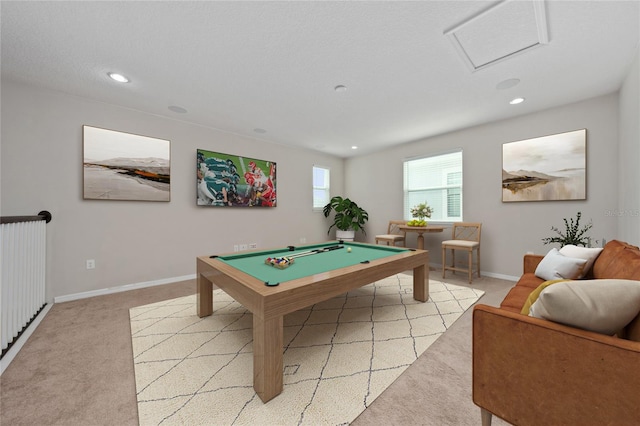 rec room featuring pool table and light carpet