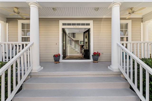 property entrance with a porch and ceiling fan