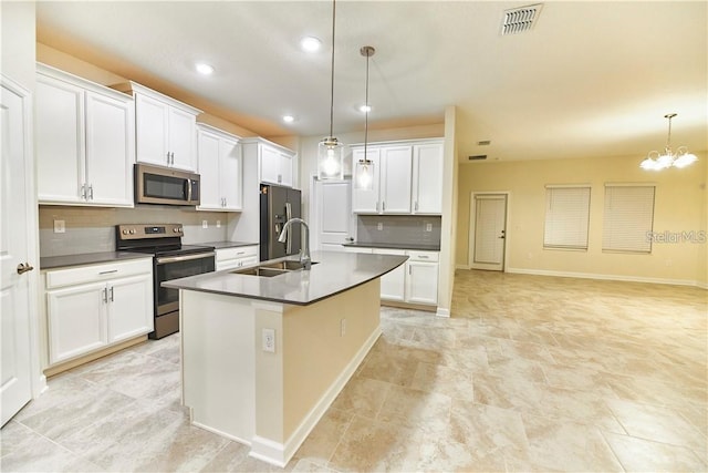 kitchen with sink, appliances with stainless steel finishes, a kitchen island with sink, hanging light fixtures, and white cabinets