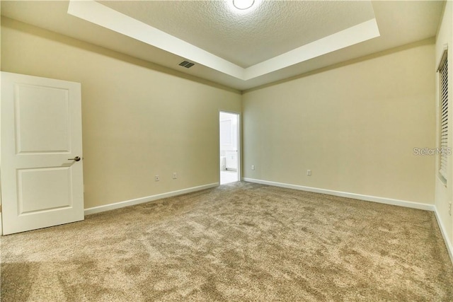 spare room featuring a tray ceiling, carpet floors, and a textured ceiling