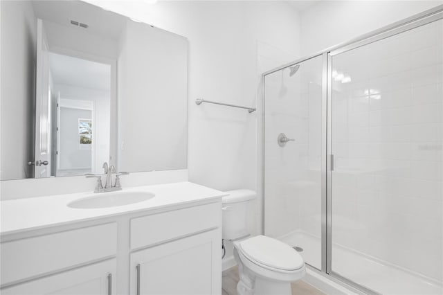 full bath featuring a stall shower, visible vents, vanity, and toilet