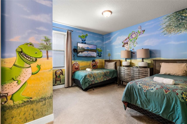 bedroom with light carpet and a textured ceiling