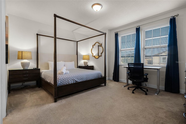 bedroom with baseboards, a textured ceiling, and light colored carpet