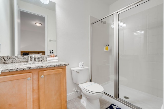 full bath with tile patterned floors, a shower stall, toilet, and vanity