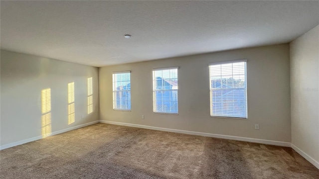 carpeted empty room featuring a textured ceiling