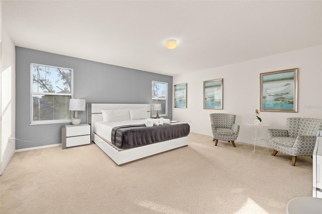 bedroom with light colored carpet