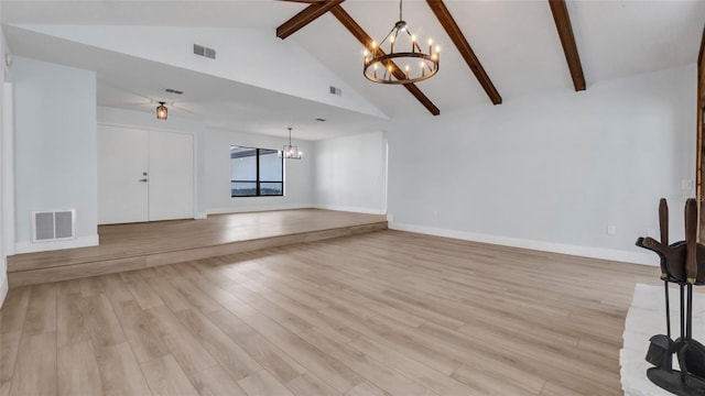 unfurnished living room featuring beamed ceiling, a chandelier, high vaulted ceiling, and light wood-type flooring