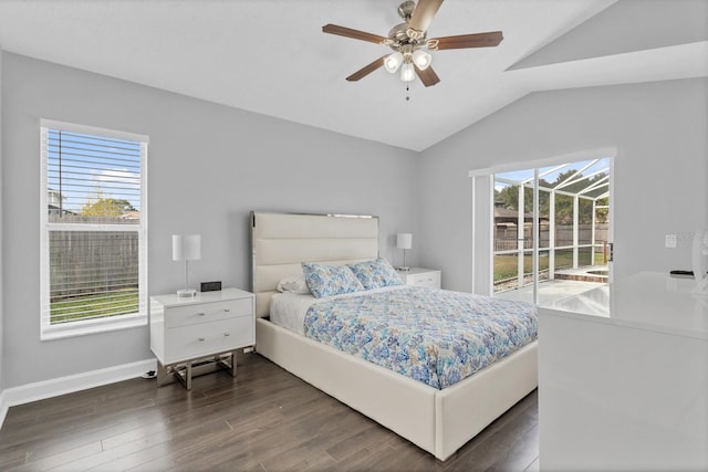 bedroom with ceiling fan, lofted ceiling, access to outside, and dark hardwood / wood-style flooring