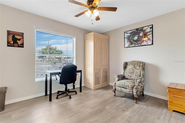 office space with ceiling fan and light wood-type flooring