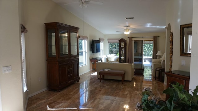 bedroom featuring lofted ceiling and ceiling fan