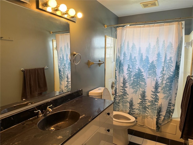 full bathroom with tile patterned flooring, vanity, shower / bath combination with curtain, and toilet