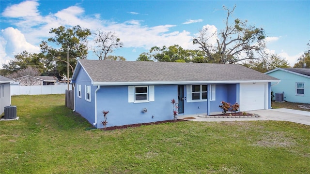 ranch-style house featuring driveway, a front yard, stucco siding, and central air condition unit