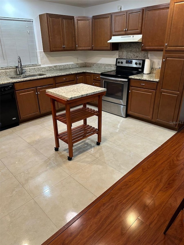 kitchen with stainless steel electric range oven, dishwasher, sink, and light stone counters