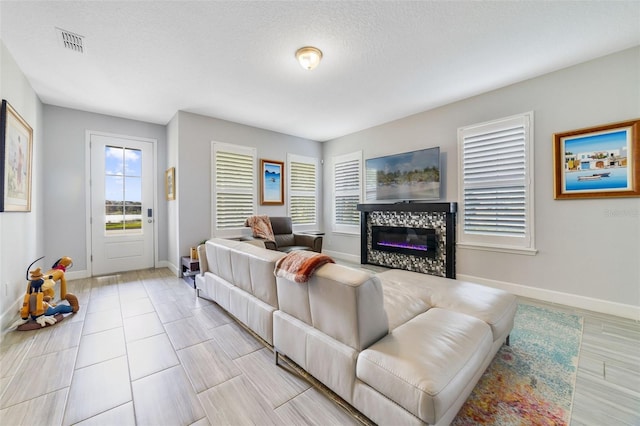 living room with a textured ceiling