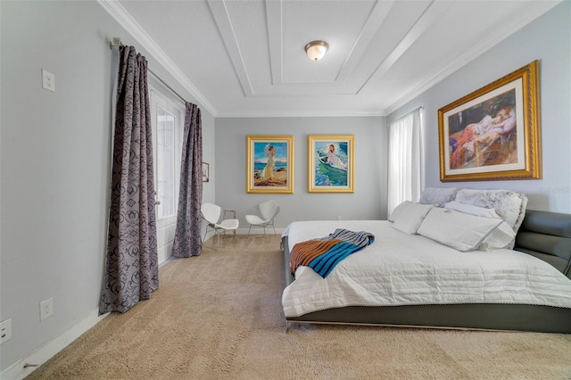 carpeted bedroom with ornamental molding