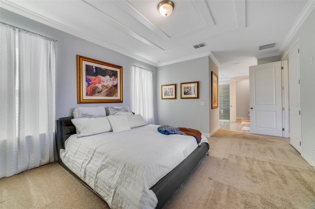 carpeted bedroom featuring ornamental molding