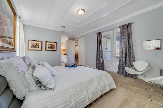 carpeted bedroom featuring crown molding, access to outside, and french doors