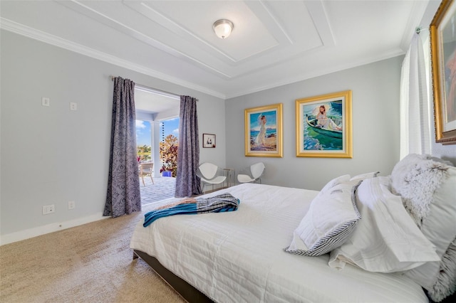 bedroom featuring crown molding, carpet floors, and access to exterior