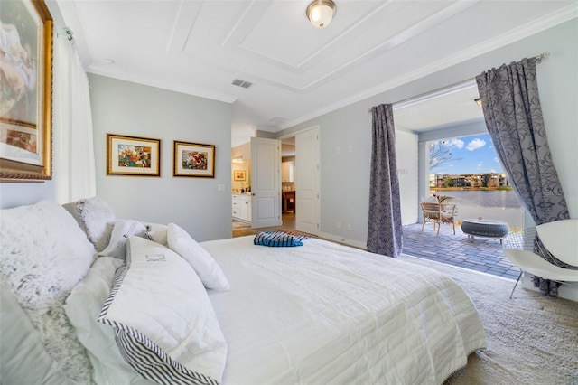 carpeted bedroom with ornamental molding