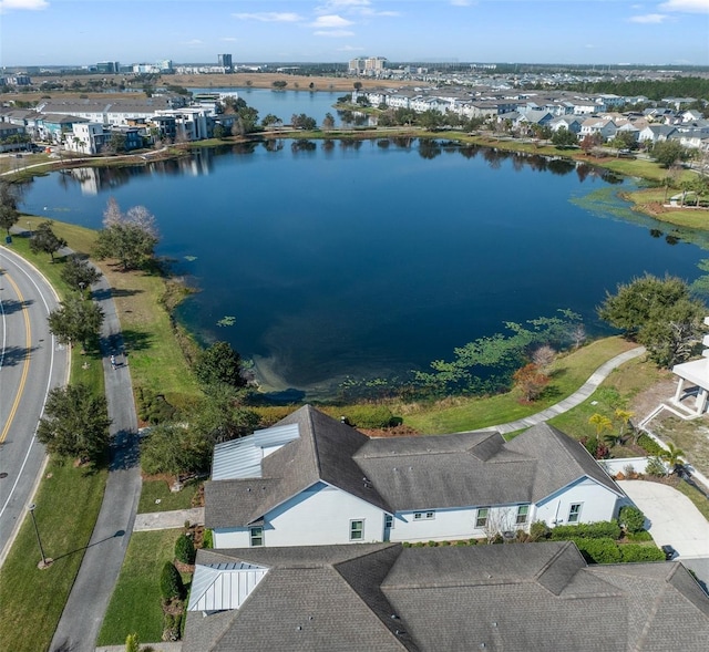 aerial view featuring a water view